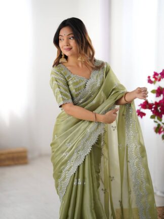 Women's Elegant Regal Purple Georgette Saree with Intricate Silver Thread & Sequin Embroidery – Complete with Embellished Blouse Piece for Festive & Party Wear