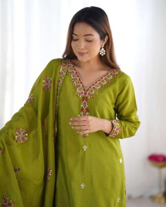 Women's Chinnon Silk Embroidery Sequence Work and Lace Work Straight Kurti With Pant and Dupatta