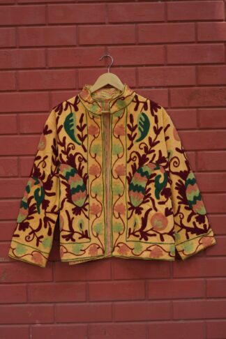Womens Yellow Velvet Embroidered Jacket with Floral Design