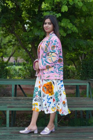 Womens Pink Velvet Embroidered Jacket with Floral Design