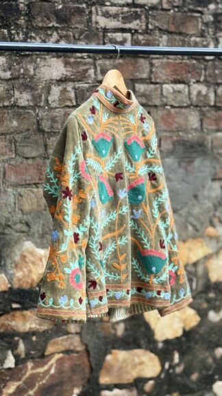 Womens Olive Green Velvet Embroidered Jacket with Floral Design