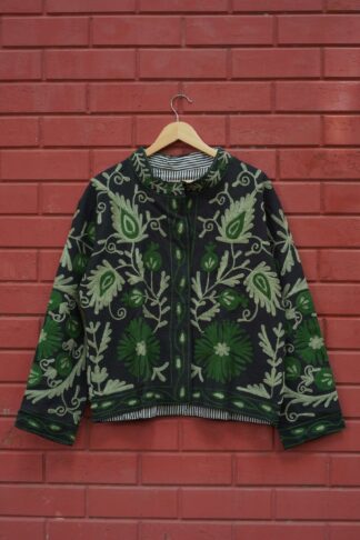 Womens Black Velvet Embroidered Jacket with Floral Design
